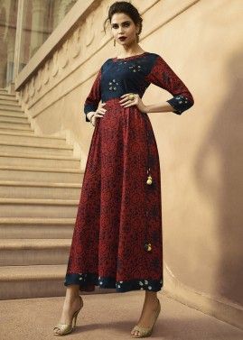 Maroon and Blue Readymade Printed Flared Dress