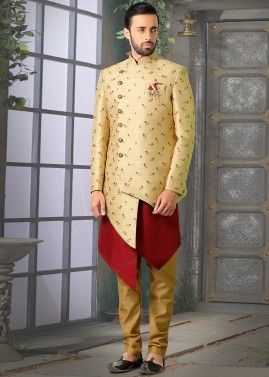 Golden and Maroon Woven Indo Western Sherwani Churidar Set