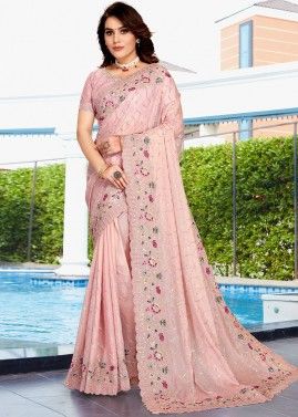 Pink Embroidered Saree In Crape