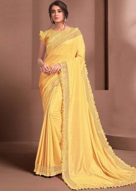 Yellow Embellished Border Saree In Georgette