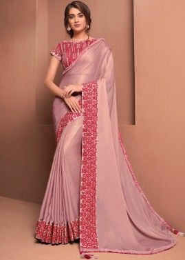 Light Pink Embroidered Border Satin Saree