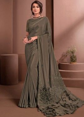 Brown Embroidered Crape Saree & Blouse