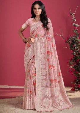 Pink Floral Printed & Woven Silk Saree