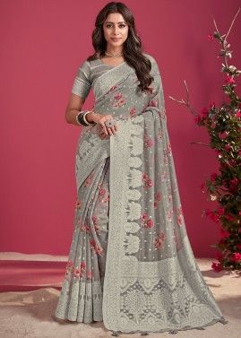Grey Floral Printed Silk Saree In Woven Work