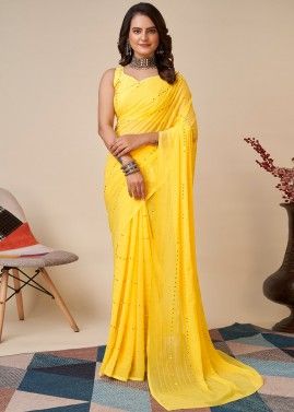 Yellow Thread Embroidered Saree In Georgette