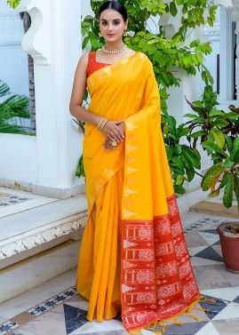 Yellow Woven Tussar Silk Saree & Blouse