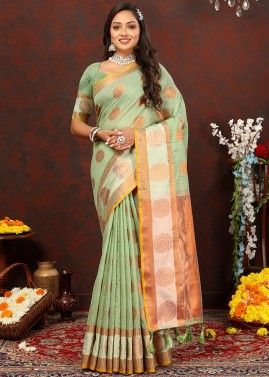 Green Cotton Saree In Woven Work