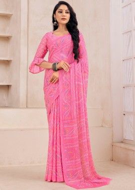 Pink Chiffon Saree In Bandhej Print