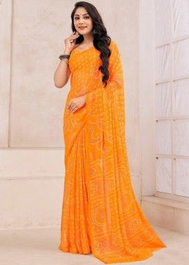 Orange Bandhej Printed Saree In Chiffon