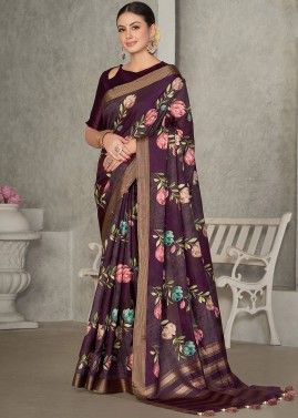 Purple Floral Printed Saree In Tussar Silk