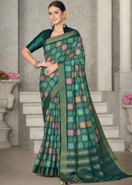 Green Embroidered Saree In Tussar Silk