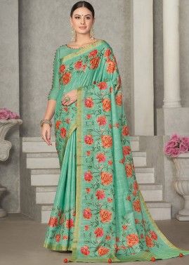 Green Embroidered Saree In Tussar Silk