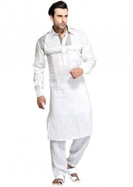 White Cotton Readymade Pathani Suit
