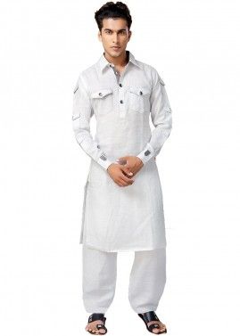 White Cotton Straight Cut Pathani Suit