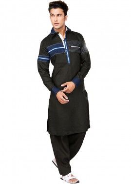 Black Readymade Cotton Pathani Suit