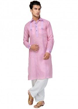 Pink Cotton Readymade Pathani Suit