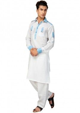 Readymade White Pathani Suit In Cotton