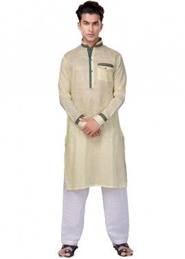 Yellow Cotton Readymade Pathani Suit
