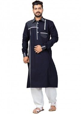 Navy Blue Cotton Readymade Pathani Suit