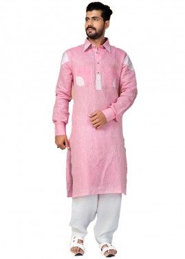 Pink Readymade Pathani Suit In Cotton
