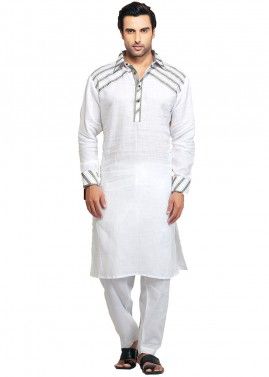 White Cotton Patch Work Pathani Suit