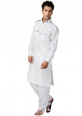 White Readymade Cotton Straight Cut Pathani Suit
