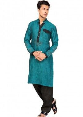 Readymade Blue Thread Work Pathani Suit