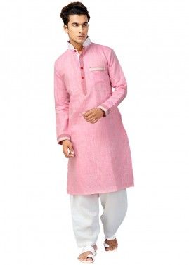Pink Readymade Cotton Pathani Suit