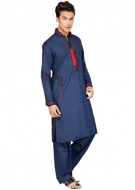 Navy Blue Cotton Embroidered Pathani Suit
