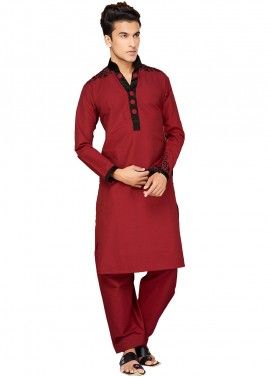 Maroon Readymade Cotton Pathani Suit