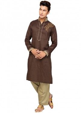 Brown Cotton Embroidered Pathani Suit