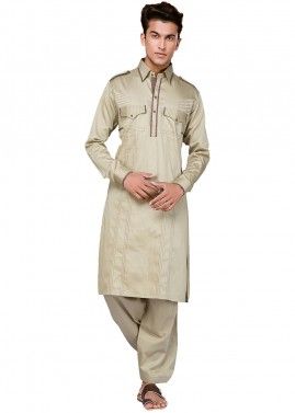 Beige Cotton Thread Work Pathani Suit