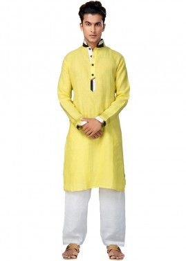Yellow Readymade Cotton Pathani Suit