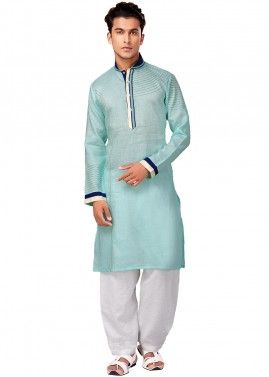 Readymade Blue Pathani Suit In Cotton