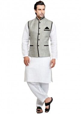 Readymade White Pathani Suit With Nehru Jacket