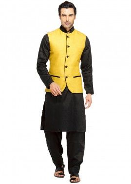 Readymade Black Pathani Suit With Nehru Jacket