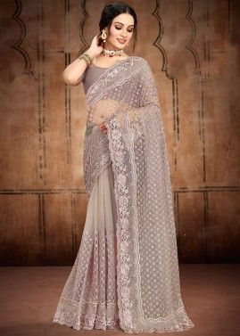 Grey Embroidered Saree In Net