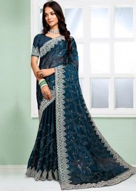 Teal Blue Cord Embroidered Saree In Organza