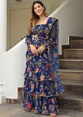Readymade Blue Floral Printed Georgette Ruffle Saree