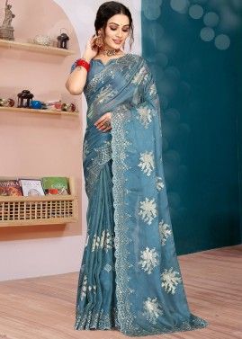 Dusty Sky Blue Embroidered Saree In Organza