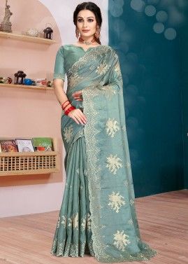 Dusty Turquoise Sequins Work Organza Saree