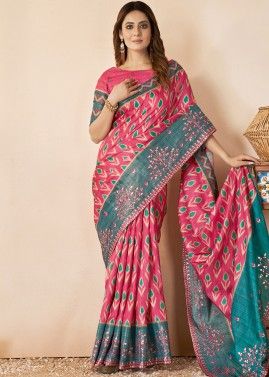 Pink Printed Saree & Blouse In Bhagalpuri Silk