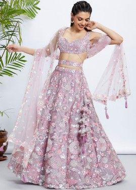 Mauve Pink Embroidered Wedding Lehenga Choli