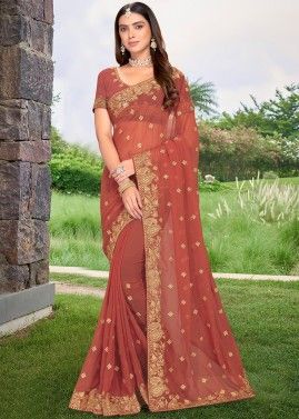 Brown Embroidered Saree In Georgette