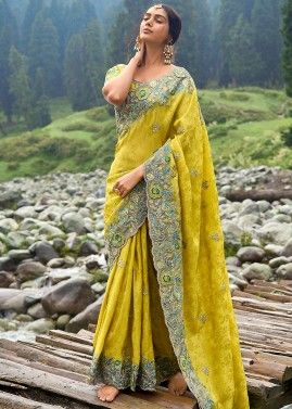 Yellow Embroidered Saree In Silk