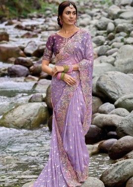 Purple Embroidered Saree In Silk