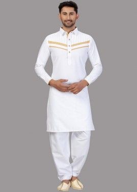 White Patch Work Readymade Pathani Suit