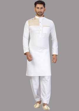 Readymade Patch Work White Pathani Suit