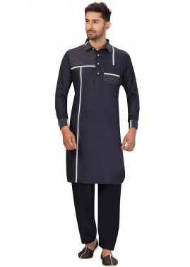 Dark Blue Thread Work Readymade Pathani Suit