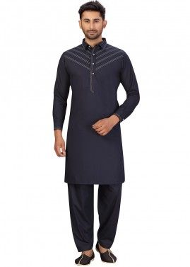Readymade Dark Blue Pathani Suit In Cotton